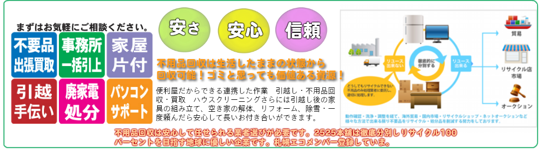 不用品回収出張買取 事務所一括引上げ家具片付け引越し手伝い廃家電処分パソコンサポート安さ安心信頼不用品回収は生活したままの状態から回収可能ゴミと思っても価値ある資源!便利屋だからできる連携した作業、引越し 不用品回収 買取 ハウスクリーニング 引越し後の家具の組み立て 空き家の解体 リフォーム 除雪 一度頼んだら安心して長いお付き合いができます。不用品回収は安心して任せられる業者選びが必要です。徹底分別しリサイクル100パーセントを目指します。
